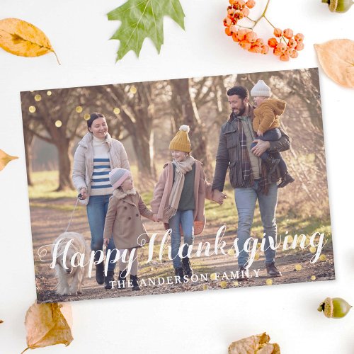 Rustic Wood and Gold Dots Thankgiving Family Photo Holiday Card