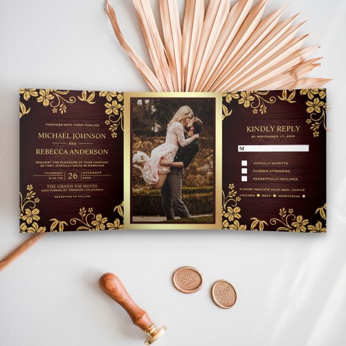 Rustic Wood and Gold Foil Floral Leaves Wedding Tri_Fold Invitation