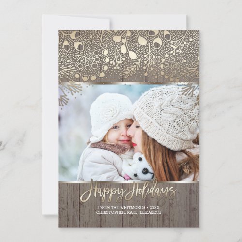 Rustic Wood and Gold Foliage Happy Holidays Photo Holiday Card - Rustic wood and gold foil effect holiday photo cards - rustic