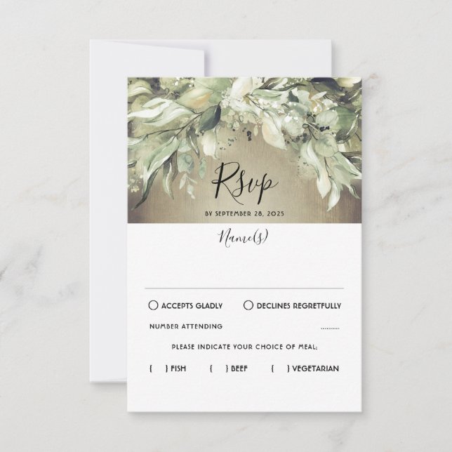 Rustic Wood and Greenery Wedding RSVP Card (Front)