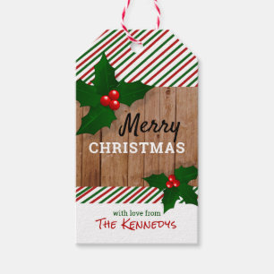 Rustic Wood And Holly Merry Christmas Gift Tags