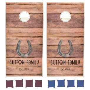 Rustic Wood And Horseshoe Family Name  Cornhole Set