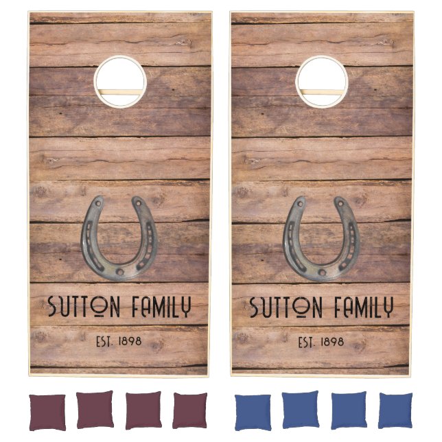 Rustic Wood And Horseshoe Family Name  Cornhole Set (Set)