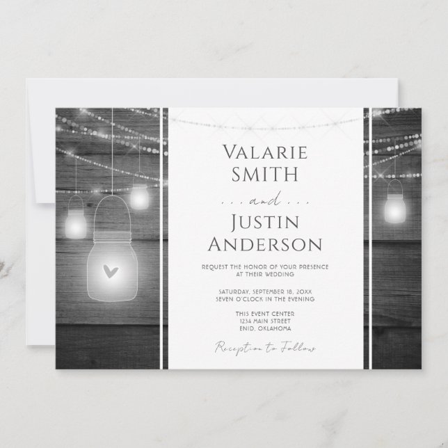 Rustic Wood and Jar Lights Wedding Invitation (Front)