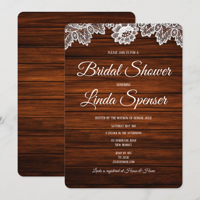 Rustic Wood and Lace Bridal Shower  Invitation (Front/Back)