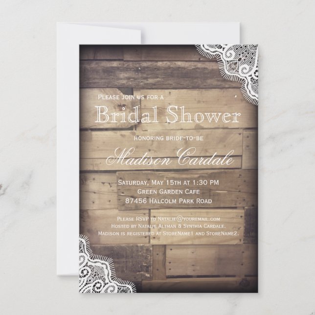 Rustic Wood and Lace Bridal Shower Invitations (Front)