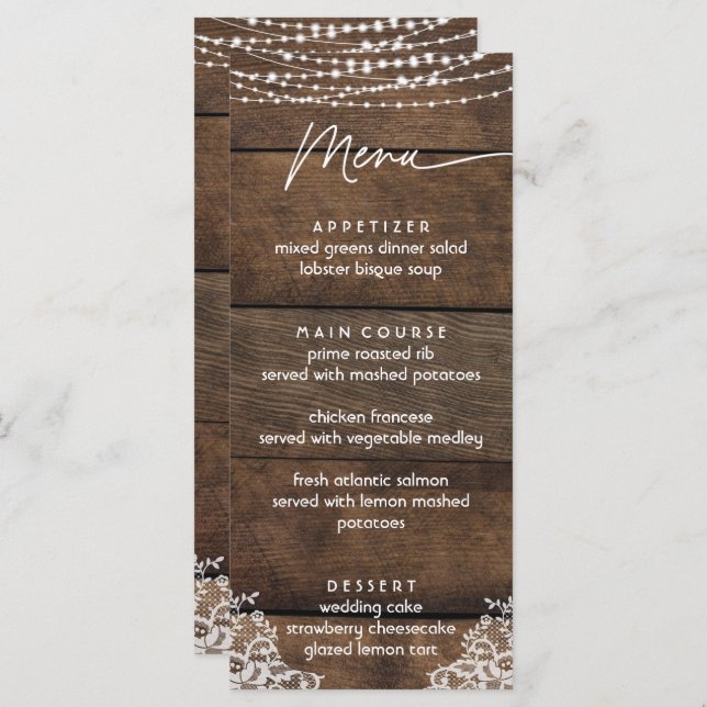 Rustic Wood and Lace Country Wedding Flat Menu (Front/Back)