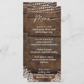 Rustic Wood And Lace Country Wedding Flat Menu by YourMainEvent at Zazzle