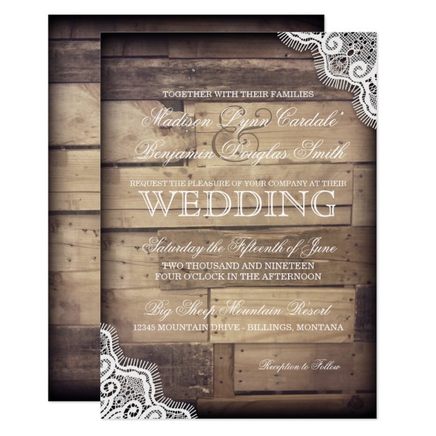 Rustic Wood And Lace Country Wedding Invitations