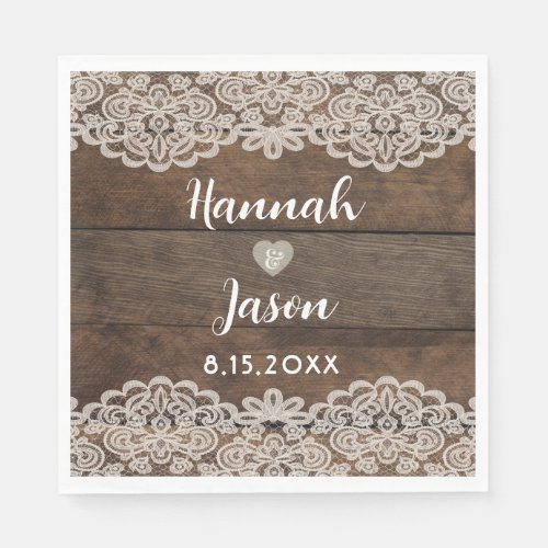 Rustic Wood and Lace Country Wedding Napkins