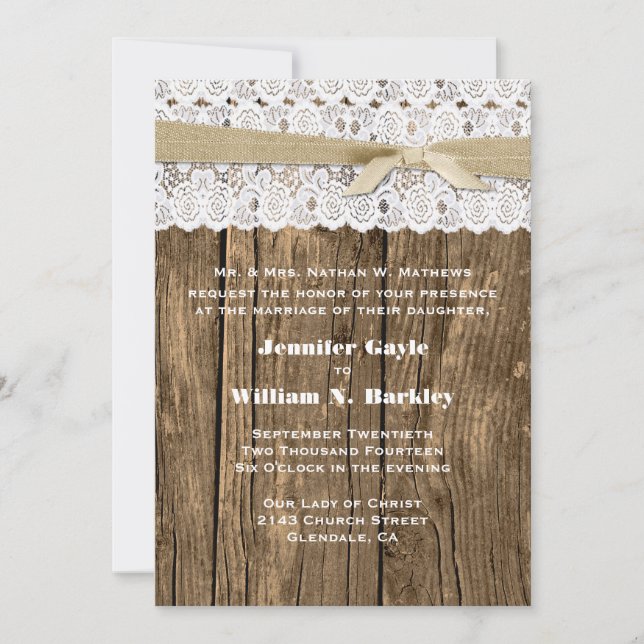 Rustic Wood and Lace Custom Wedding Invitation (Front)