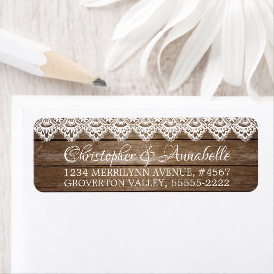 Rustic Wood and Lace Elegant Script Wedding Label | Zazzle.com
