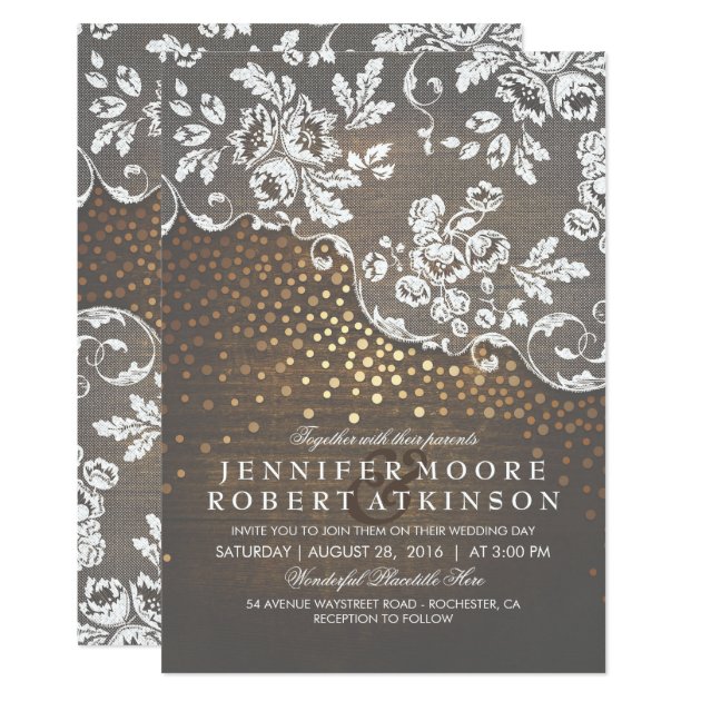 Rustic Wood And Lace Gold Confetti Elegant Wedding Invitation