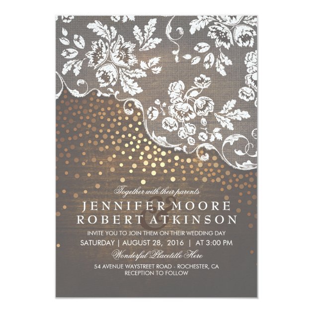 Rustic Wood And Lace Gold Confetti Elegant Wedding Invitation
