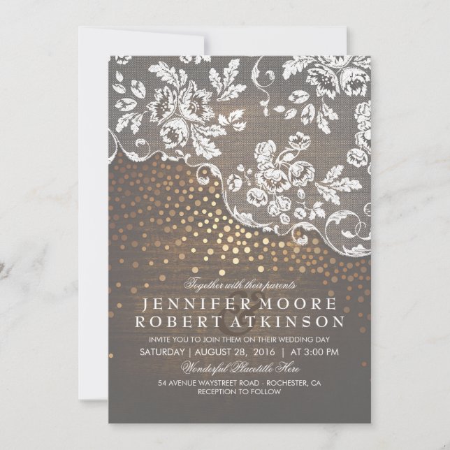 Rustic Wood and Lace Gold Confetti Elegant Wedding Invitation (Front)