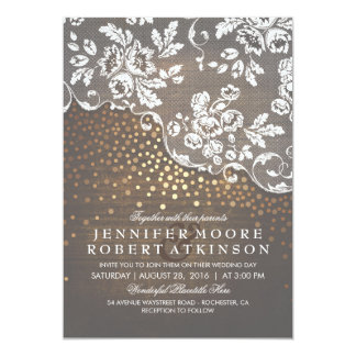 Rustic Wood and Lace Gold Confetti Lights Wedding Card