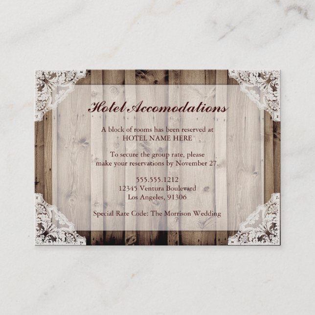 Rustic Wood and Lace Hotel Accommodations Enclosure Card (Front)