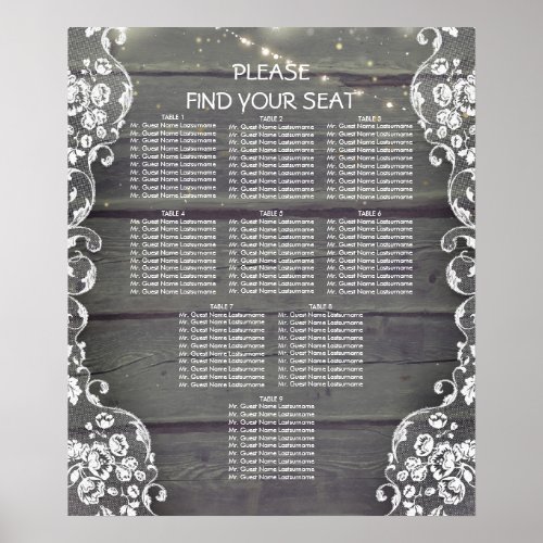 Rustic Wood and Lace Lights Wedding Seating Chart - Rustic country wedding seating chart