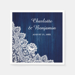 Rustic Wood and Lace Navy Blue Wedding Napkins