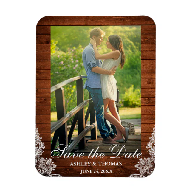 Rustic Wood and Lace Save the Date Photo Magnet | Zazzle