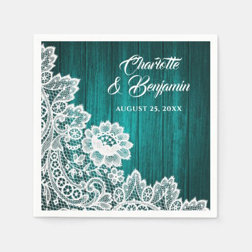 Rustic Wood and Lace Teal Wedding Napkins