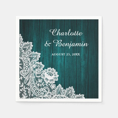 Rustic Wood and Lace Teal Wedding Napkins