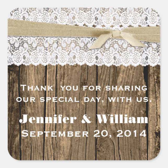 Rustic Wood and Lace Wedding Favor Sticker | Zazzle