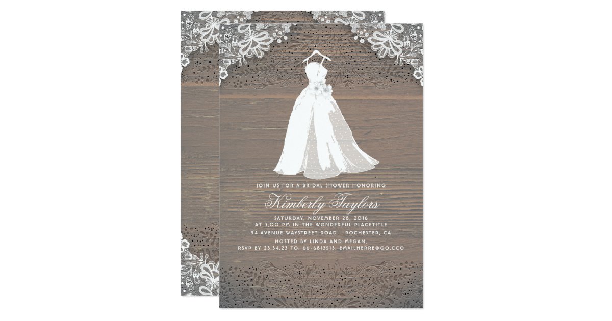 Rustic Wood And Lace Wedding Gown Bridal Shower Invitation