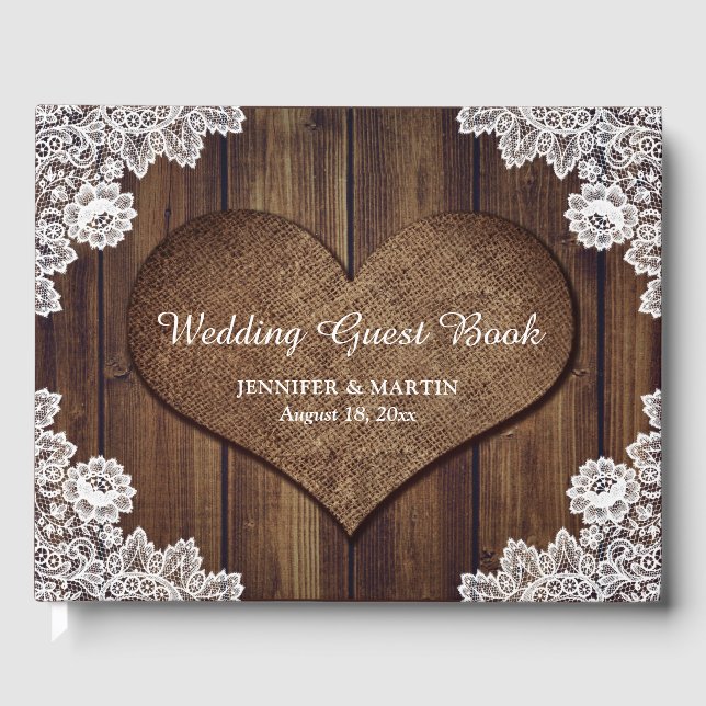 Rustic Wood and Lace Wedding Guest Book (Front)