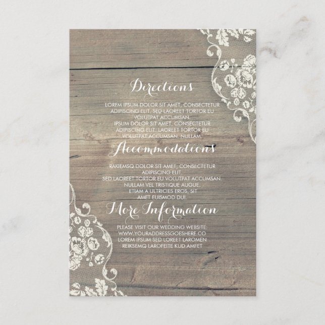 Rustic Wood and Lace Wedding Information Details Enclosure Card (Front)