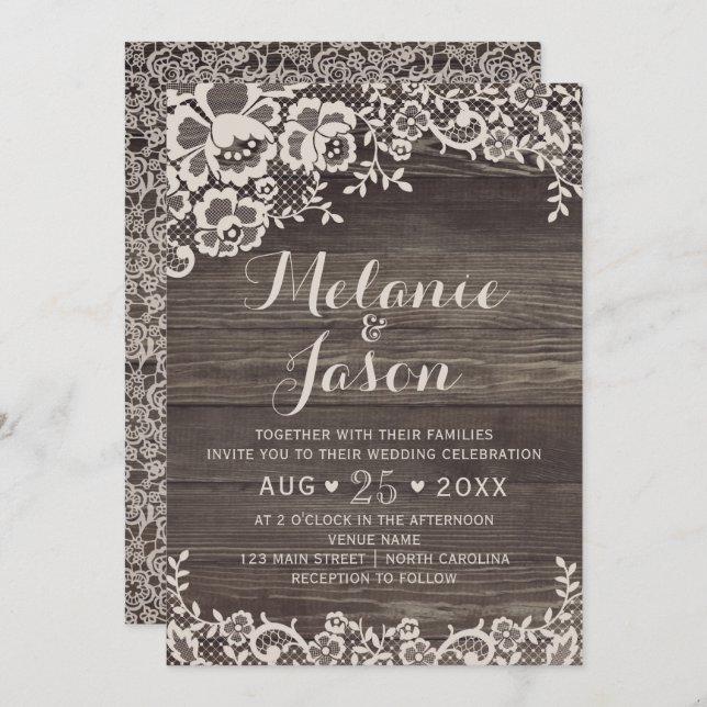 Rustic Wood and Lace Wedding Invitation (Front/Back)