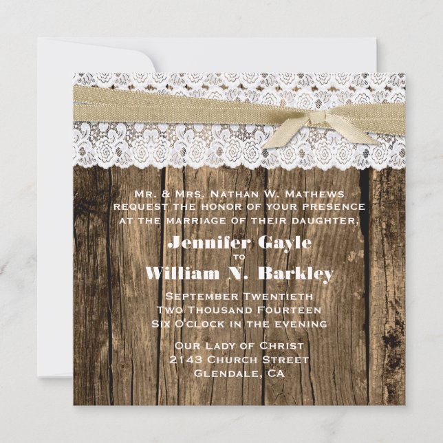 Rustic Wood and Lace Wedding Invitation (Front)