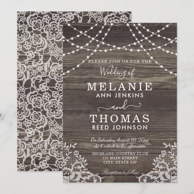 Rustic Wood and Lace Wedding Invitations, Country Invitation (Front/Back)