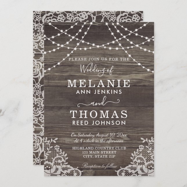 Rustic Wood and Lace Wedding Invitations, Country Invitation (Front/Back)
