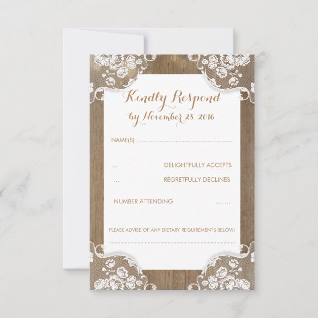 Rustic Wood and Lace Wedding RSVP (Front)