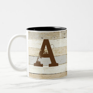 Rustic wood and letter Two-Tone coffee mug