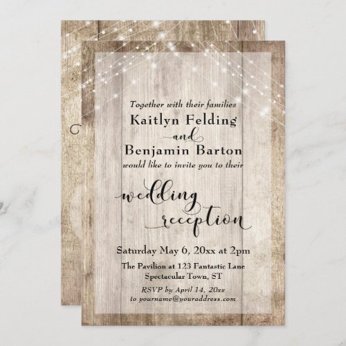 Rustic Wood and Light Strings Wedding Reception Invitation