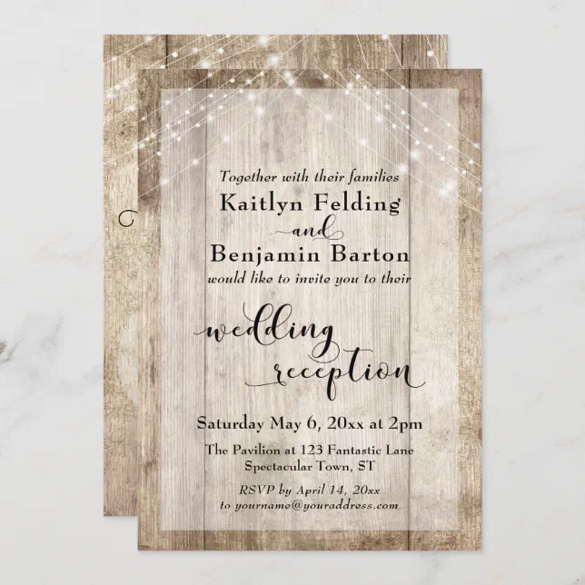 Rustic Wood and Light Strings Wedding Reception Invitation | Zazzle