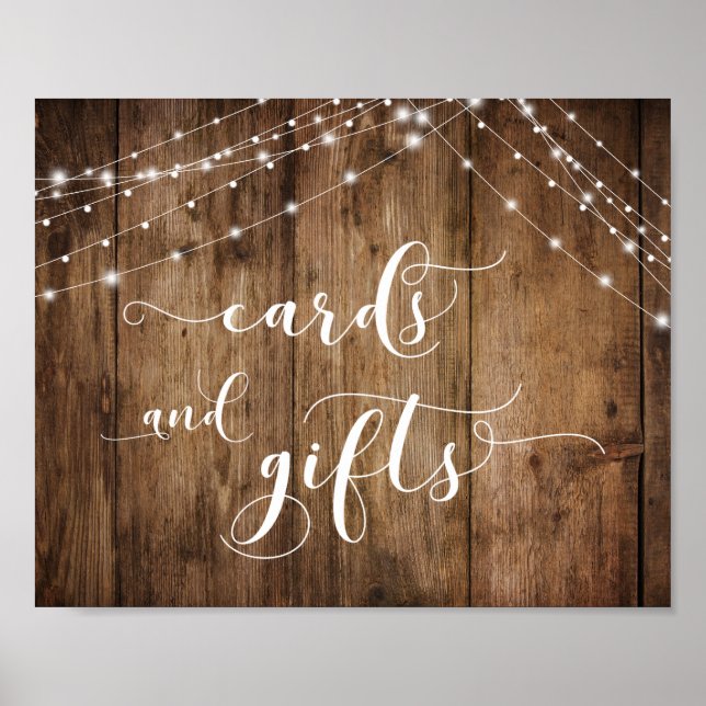 Rustic Wood and Lights Cards & Gifts Wedding Sign (Front)
