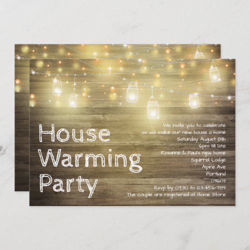 Rustic Wood and Lights Garden party House Warming Invitation