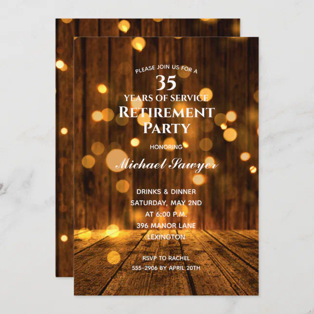 Rustic Wood and Lights Retirement Party Invitation | Zazzle