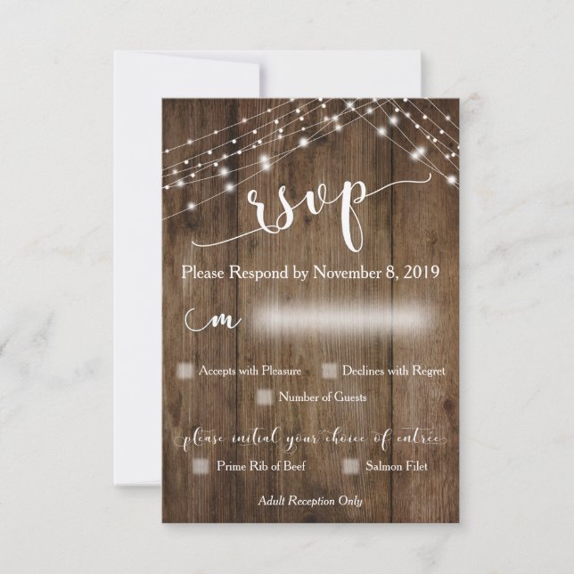 Rustic Wood and Lights RSVP with Menu Options (Front)