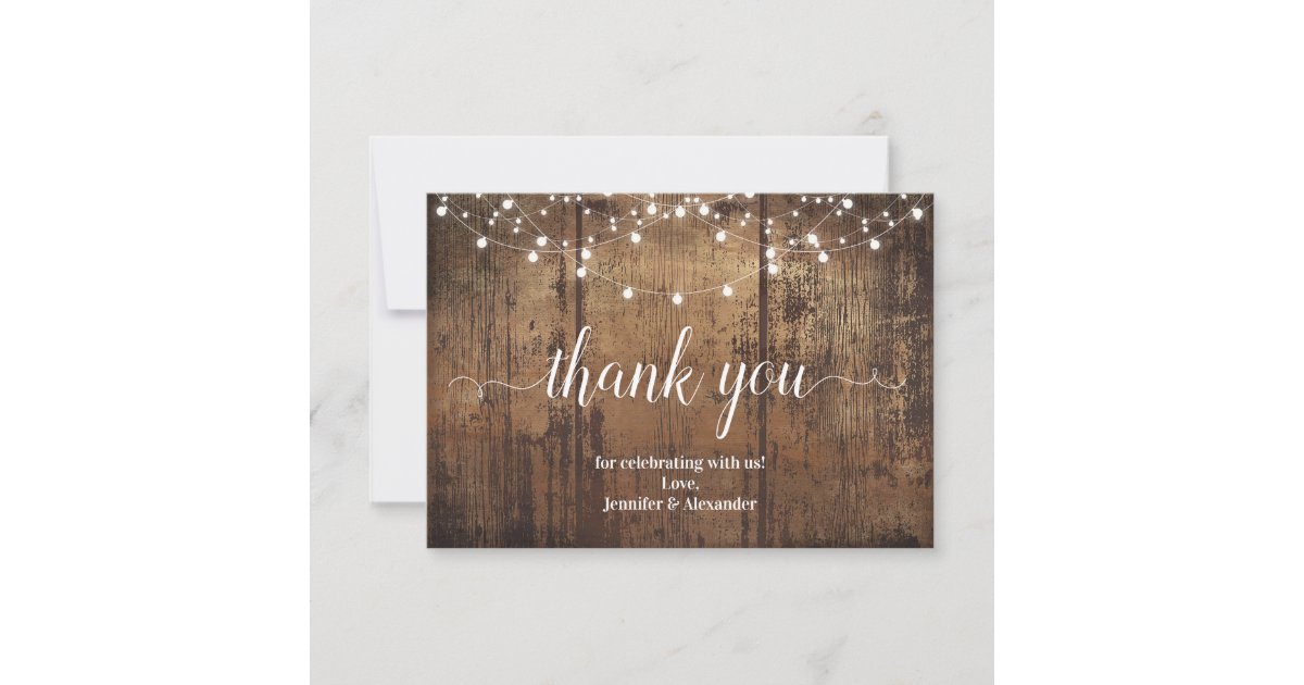 Rustic wood and lights thank you card | Zazzle