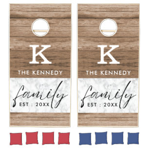 Rustic Wood And Marble Family Name Monogrammed Cornhole Set