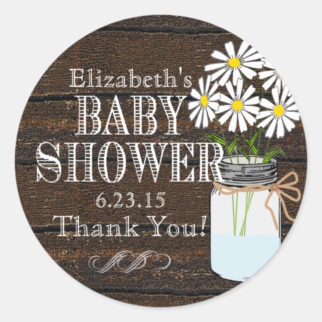 Rustic Wood and Mason Jar- Baby Shower Classic Round Sticker (Front)