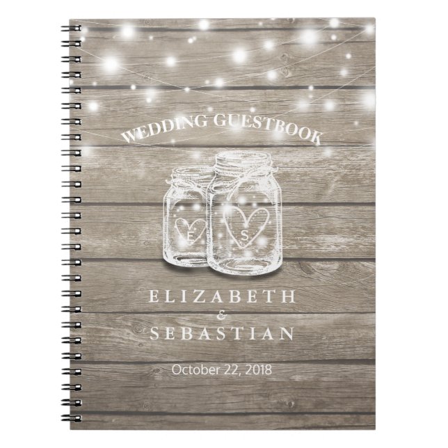 Rustic Wood and Mason Jar Lights Wedding Guestbook Notebook (Front)