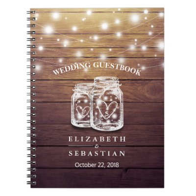 Rustic Wood and Mason Jar Lights Wedding Guestbook Notebook