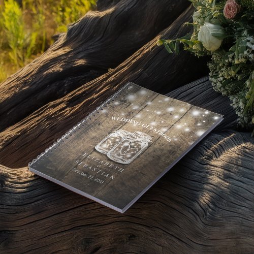 Rustic Wood and Mason Jar Lights Wedding Guestbook Notebook