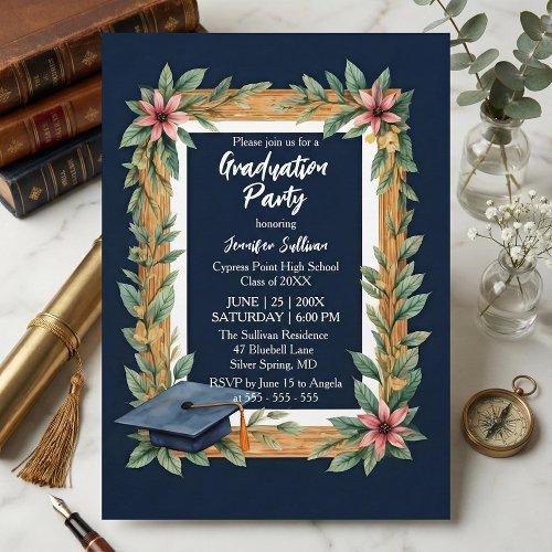 Rustic Wood and Navy Blue Floral Photo Graduation