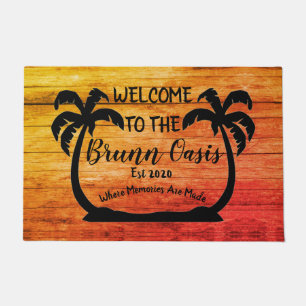 Rustic Wood And Palm Tree Beach House Welcome Doormat